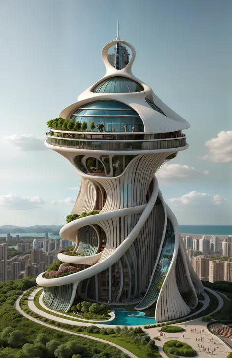 close up of a skyscraper,  flawless, realistic, small pools, people walking, people on balconies