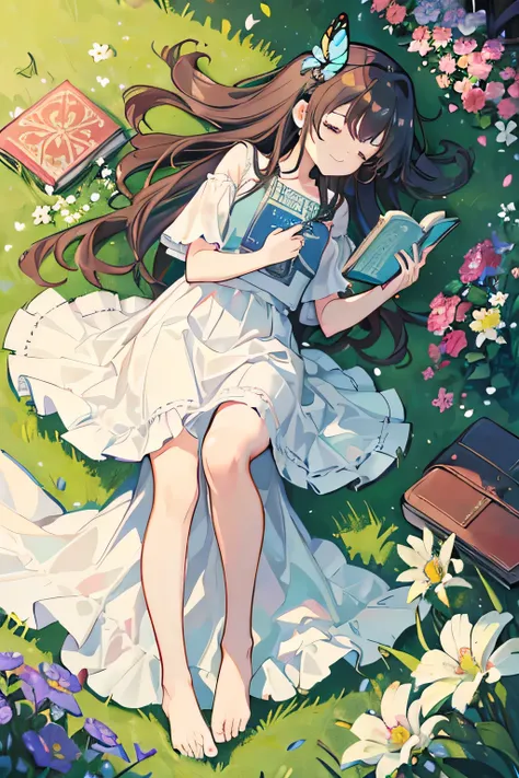 1 Girl,Smiling lying among the flowers,With eyes closed,Surrounded by flowers,Barefoot,White long skirt,Left hand extended,A butterfly rests on the left hand,Holding a book in right hand