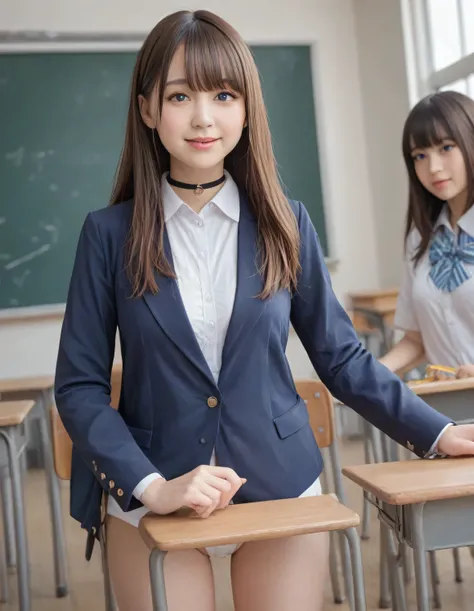 Score_8up, Score_9, duo, ((Female student in classroom:2))、Beautiful girls, Submissive woman, Happy expression, ((White shirt、Navy blue blazer)), Orthodox Idol, Shooting from a distance, During class、Adorable， smile， Slim face, The body is slim，Straight, l...