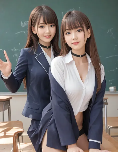 score_8up, score_9, duo, ((female student in classroom:2))、beautiful girls, submissive woman, happy expression, ((white shirt、na...