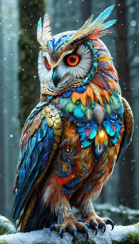 （best quality，tall building，masterpiece：1.2），supene，Magic Owl，beautifully decorated，Colorful colorful feathers，mythical creatures，Fantastic creatures，ethereal atmosphere，mesmerizing palette，Sparkling eyes，majestic presence，Unique and intricate patterns，Hid...