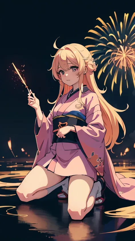 Anime girl kneeling with a long thin firework stick in her hand, Anime drawing inspired by Hanabusa Iccho, Pixiv Contest Winner, What is it?？, Anime Moe Art Style, Anime Art Wallpaper 8K, Demon Slayer Louis Fan Art, In kimono, anime art wallpaper 4k, anime...