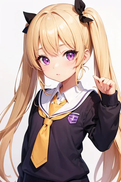 Petite girl with blonde twin tails in a school uniform, with purple eyes , was studying seriously.