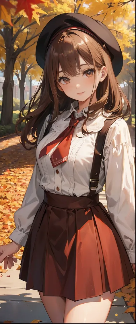 My Grandmother、Shiny golden hair, Long Hair, (Beautiful brown eyes、Shining Eyes, fine grain)、smile、Very detailed eyes、Highly detailed face, Highly detailed eyes,Cowboy Shot、 A woman is standing, Mature Woman, /(Rib knit) /(Red checked skirt/) beret, /(Brow...