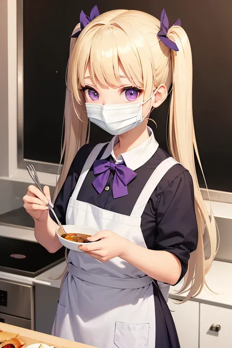 Petite girl with blonde twin tails in a school uniform, with purple eyes , was cooking seriously.,　with a white mask , White apron,　Cooking Classes