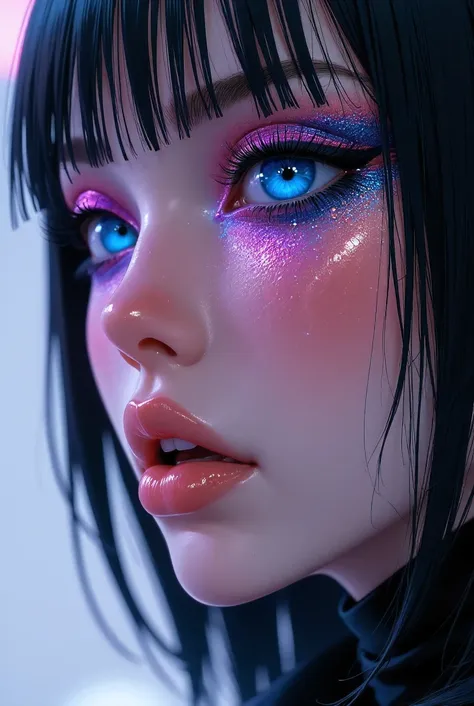 80’s glam rock makeup on shiny android face, anime, 2.5d, glittery face, moody lighting, (purples, pinks, and blues), iridescent...