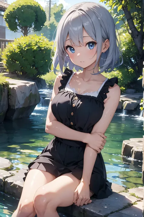 4K,8k,Beautiful anime style girl clothes、Waist-deep clear water, Quiet Flow。Surrounded by lush vegetation、The girl is wearing a cute frilly bikini.、Her slender, Captivating body。She soaks up the sunshine with her big breasts, Expressive blue eyes.、Her shor...