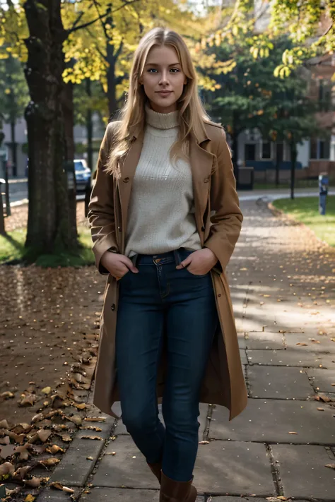 photorealistic, (highly detailed), (8K), (high resolution), beautiful skin, swedish woman, blond hair, blue eyes, brown light coat, black jeans, dark brown boots, age20, little smile, standing, looking directle at the camera, whole body, detailed face, par...