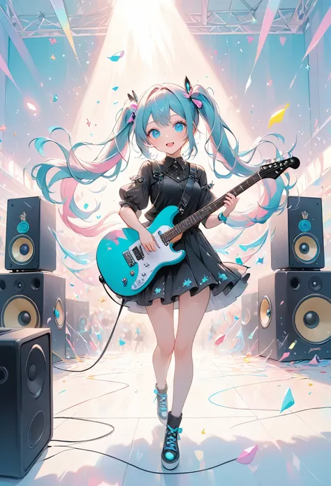 masterpiece, Best Quality, Ultra-detailed, A pastel scene featuring a  with long turquoise pigtails, Holding a black electric guitar. Her bright blue eyes sparkle with excitement, She wears a cute black outfit with teal and pink accents. The scene is bathe...