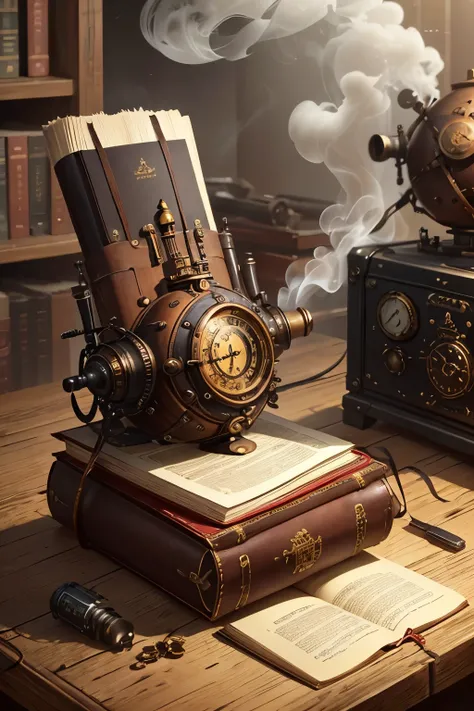 (Best Quality:1.3)。steampunk。unmanned。Steampunk leather bound book、A steaming cup of coffee sits on an old desk。(((unmanned)))。