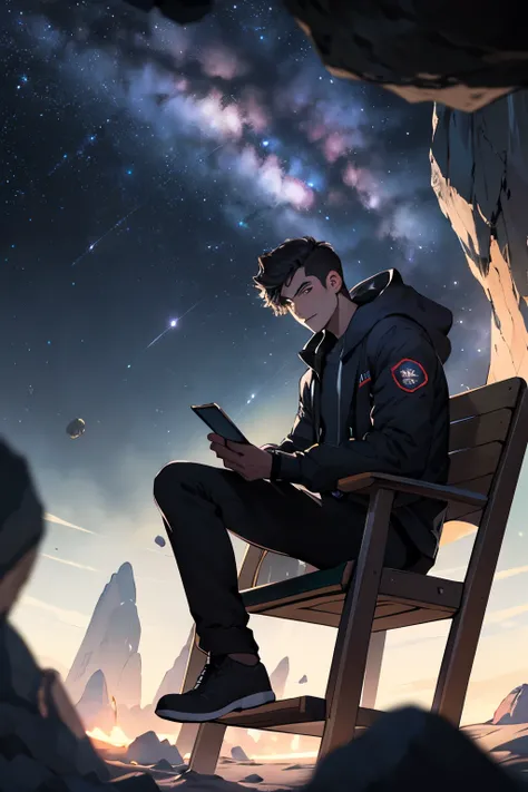 Drawing of a young programmer, sitting on a research platform floating in the middle of an asteroid belt. He is studying with a notebook., Surrounded by several brightly glowing asteroids. Stunning lights from distant stars and planets illuminate the scene...