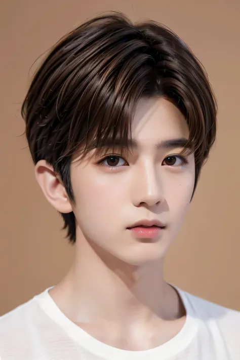 1 male、8Ｋ、Best Quality、masterpiece、(Upper Shot)、(Simple Background)、(Wearing dog ears:1.23)、Brown Hair、Short Hair、(Realistic skin texture:1.1)、Side Shot、