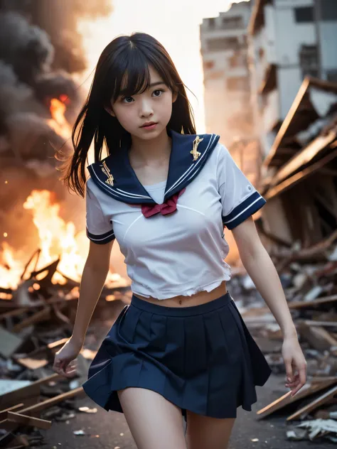 (In 8K、RAW Photos、top-quality、masterpiece:1.2)、(Realistic、Photorealistic:1.37)、Super detailed、Super A high resolution、Beautiful 18-year-old high school girl in Japan attacked by ゴジラ in devastated Tokyo、Fearful expression、(Torn, dirty and tattered sailor un...