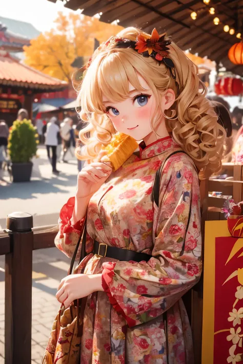 best quality, one ，cute young girl, blonde, curly hair, evil ，floral dress，the colors of the stalls at the autumn festival々i wan...