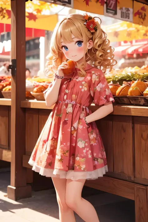 best quality, one ，cute young tiny girl, blonde, curly hair, evil ，floral dress，the colors of the stalls at the autumn festival々...