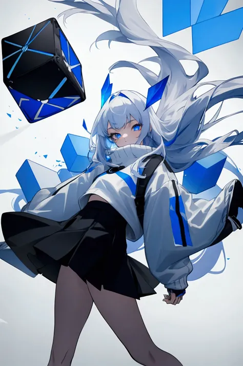 She is an 18 year old girl with long white hair and a bang. Her eyes are red and blue. She wears a white and blue sweater, a black skirt, black stockings, and white and black and blue Nike sneakers. There is a glowing cube floating on her chest.