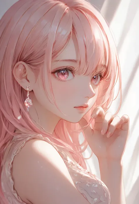 masterpiece, best quality, ultra-detailed, a young woman with flowing, Tongue out,red and pink gradient hair lying down, her hair softly spread around her as she gazes up with a warm, gentle expression, her eyes are a rich, deep red, reflecting the soft li...