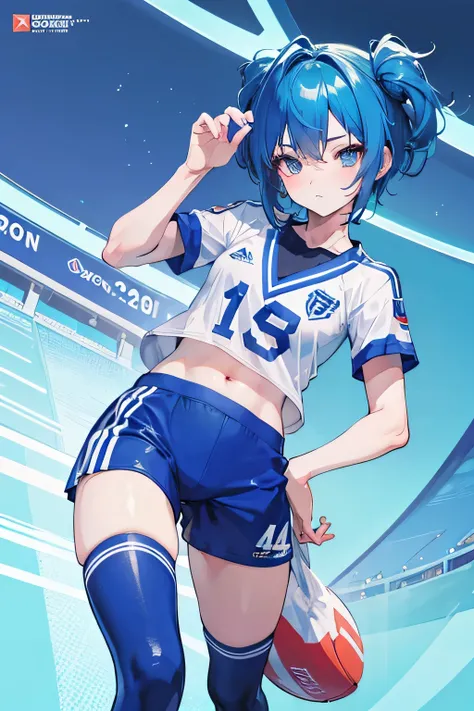 Football Stadium,Soccer uniforms,Blue hair short,Cute Girls, anime ,Ultra-high resolution, Anatomically correct, Textured Skin, retina, masterpiece, Anatomically correct, Textured Skin, Super detailed, Attention to detail, High image quality