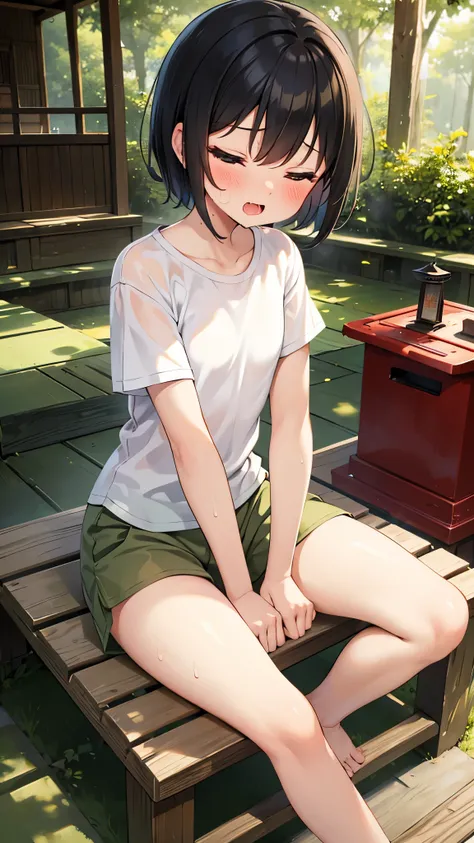 forest,shrine,Close your eyes,1. small ,short hair,Black Hair,blush,White T-shirt and olive green shorts,barefoot,White skin,summer,shy,sweat,Open your mouth,sun,Wet,Looks hot,Put your hands between your legs,sit,Sigh,saliva,