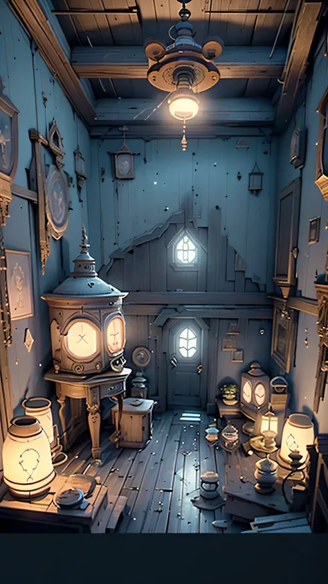 Create an attic scene full of old, dusty antiques and wooden boxes stacked around. The attic has a mysterious and slightly eerie atmosphere, with dim light filtering through a small window. In the center of the room, place a futuristic time machine—sleek, ...