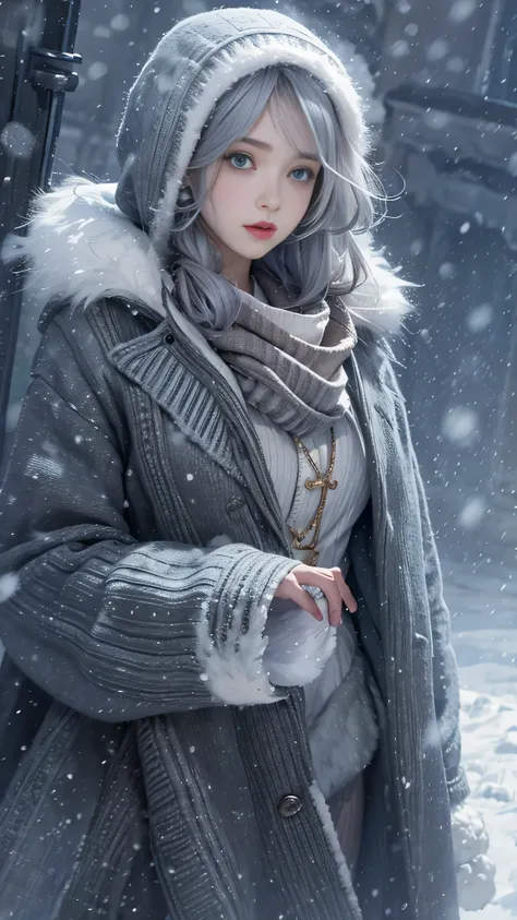 reality, High resolution, 1 female, Lonely, (Clothing)，Gorgeous clothes，To the audience，Upper Body，Thighs Beautiful Eyes, Gray Hair, dark circles under eyes, (external，heavy snow，clock，Snow covered)，Snow Field