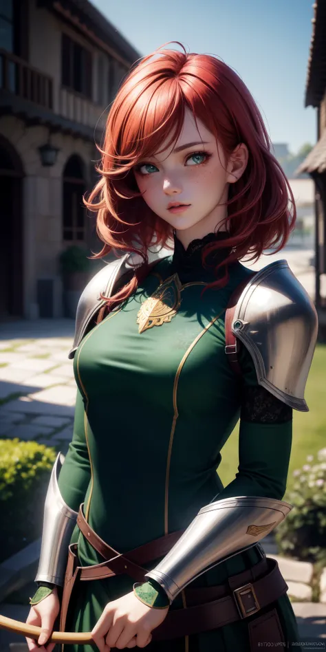 best quality, ultra high resolution, (photorealistic), anime character, 8k resolution, girl, medieval, light armor, wood detail (archer), short red hair, (ultra realistic hair), (ultra realistic eyes), (beautiful face) super detailed, beautiful eyes, beaut...