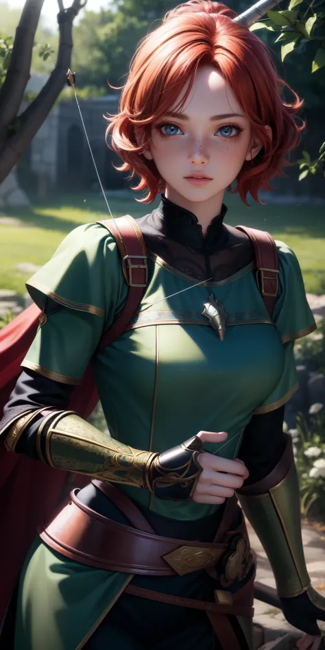 best quality, ultra high resolution, (photorealistic), anime character, 8k resolution, girl, medieval, light armor, wood detail (archer), short red hair, (ultra realistic hair), (ultra realistic eyes), (beautiful face) super detailed, beautiful eyes, beaut...