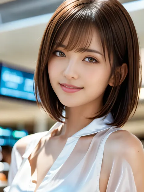 product quality, upper body shot, Front view, Airport cafe, girl, young beautiful japanese woman, short bob hair, hyper pretty face, glamorous, I wear a satin silk white shirt with short sleeves and long sleeves with a collar, lots of smiles at Airport Caf...