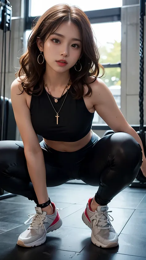 A pretty girl is doing bench presses and swinging her arms with a serious look on her face in a famous glass-walled indoor training gym equipped with impressive training equipment.,Shiho is beautiful,(((She has shiny wavy chestnut hair, a necklace and earr...