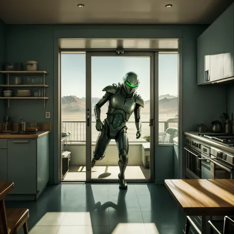  image of an aggressive armed alien climbing out of a food fridge in an ordinary kitchen, Science - Fine Art, (SF poster), Sci-fi fantasy, Sci-Fi illustrations, Science fiction movies, Realistic Sci-Fi Art, (Movie Poster Style, Latest SF pinup), general vi...