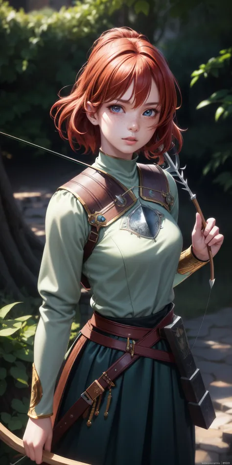 best quality, ultra high resolution, (photorealistic), anime character, 8k resolution, girl, medieval, light armor, wood detail (archer), short red hair, (ultra realistic hair), (ultra realistic eyes), (beautiful face) super detailed, beautiful eyes, beaut...