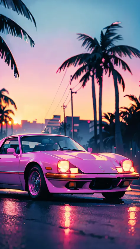 parked vintage luxury car, neon cityscape of Miami Beach, vibrant colours at dusk, dramatic long shadows, neon reflections, art deco style, bold typography, 1980s Miami vice aesthetic, palms trees swaying in the wind, ambient pink and blue hues, cyan and m...