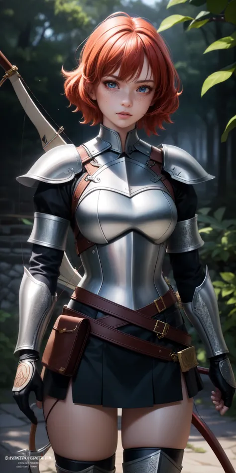 best quality, ultra high resolution, (photorealistic), anime character, 8k resolution, girl, medieval, light armor, wood detail (archer), short red hair, (ultra realistic hair), (ultra realistic eyes), (beautiful face) super detailed, beautiful eyes, beaut...