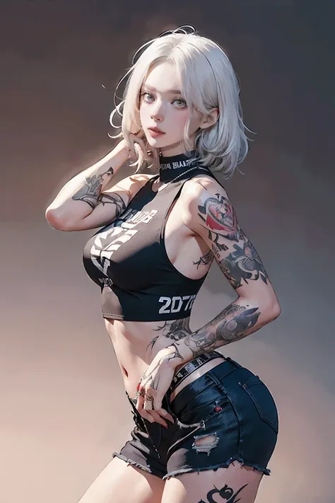 (((Gray Hair))),(((White Hair))),Perfect Style, Beautiful Face, Highly detailed face and skin textures, (Maximum resolution: 1.2), A beautiful woman, Height: 167cm、Weight: approx. 40kg, Hip Up, jewelry, (((She has many tattoos all over her body)), Streetwe...