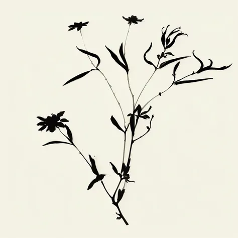 there is a black and white drawing of a plant with flowers, sumi - e style, sumi ink style, on a botanical herbarium paper, flowers and stems, ikebana, minimalist line drawing, botanical drawing, minimalistic drawing, simple illustration, sumi - e, sumi-e,...