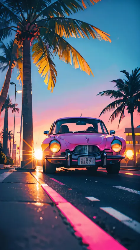 parked vintage luxury car, neon cityscape of Miami Beach, vibrant colours at dusk, dramatic long shadows, neon reflections, art deco style, bold typography, 1980s Miami vice aesthetic, palms trees swaying in the wind, ambient pink and blue hues, cyan and m...