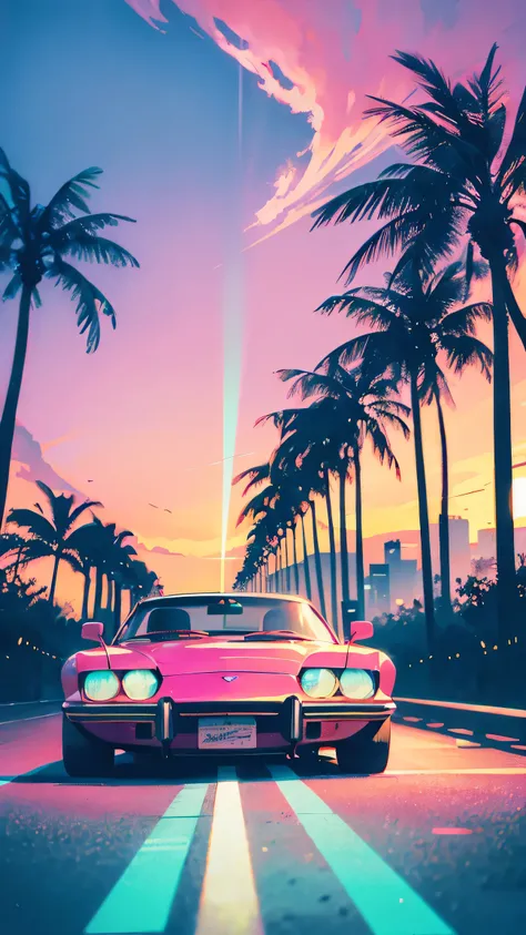 parked vintage luxury car, neon cityscape of Miami Beach, vibrant colours at dusk, dramatic long shadows, neon reflections, art deco style, bold typography, 1980s Miami vice aesthetic, palms trees swaying in the wind, ambient pink and blue hues, cyan and m...