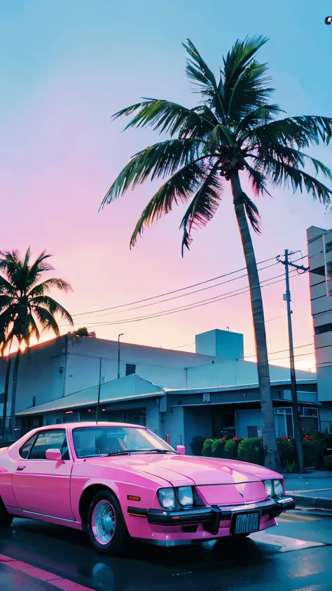 parked vintage luxury car, neon cityscape of Miami Beach, vibrant colours at dusk, dramatic long shadows, neon reflections, art deco style, bold typography, 1980s Miami vice aesthetic, palms trees swaying in the wind, ambient pink and blue hues, cyan and m...