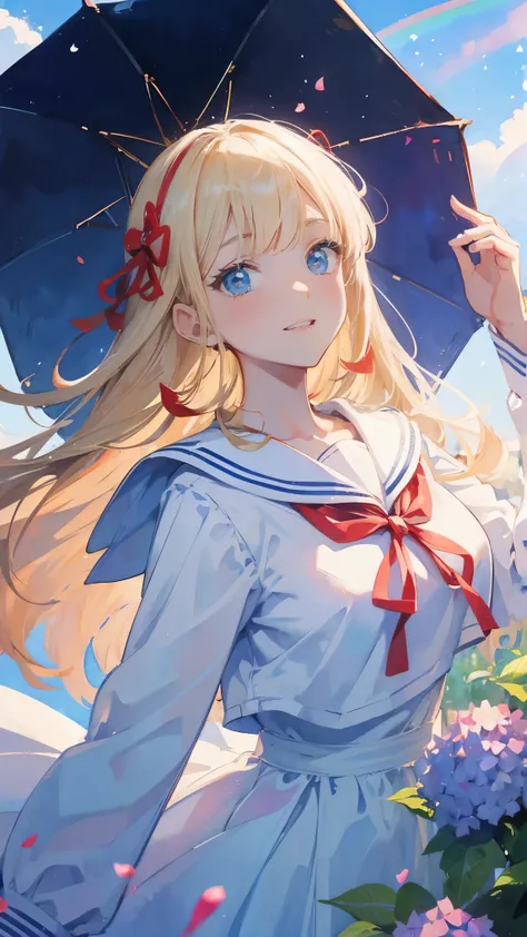 Best Quality,masterpiece,Watercolor style,girl,blonde,blue eyes,White Dress,Red Ribbon Hydrangea,after the rain,rainbow,Looking up at the sky,smile,The light spreads,White Dress,Sailor collar,Long sleeve,Dark blue on the cuff,The line is on the cuff,,Short...