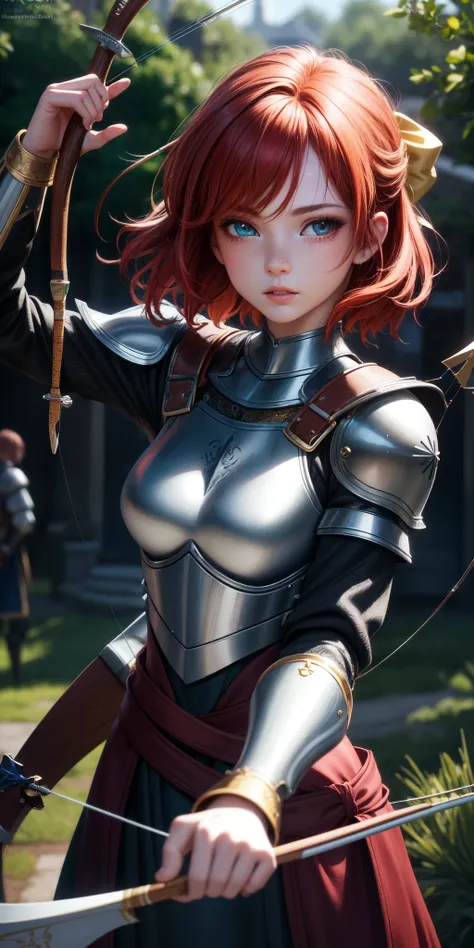 best quality, ultra high resolution, (photorealistic), anime character, 8k resolution, girl, medieval, light armor, wood detail (archer), short red hair, (ultra realistic hair), (ultra realistic eyes), (beautiful face) super detailed, beautiful eyes, beaut...