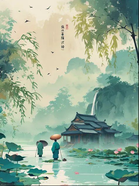 Large Buddha statue and an ancient man standing in front of it, Lotus flowers blooming on the water surface and mist floating above the lake. In the background、A teal gradient color scheme is used in the style of high resolution wallpaper for mobile phone ...