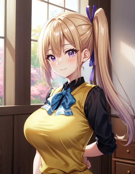 kawakami_mai,long hair,blonde hair,(purple eyes),hair ribbon,ribbon,side ponytail,mole under eye,school uniform,sweater vest,indoor room,smile,blush,(large breasts:1.55),(shiny hair),((solo)),((masterpiece)),((best quality)),perfect anatomy,slim waist,perf...