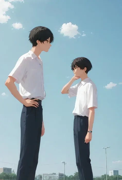  male、Two men、high school student、School uniform、Standing posture、whole body、Black Hair、Summer sunshine、study