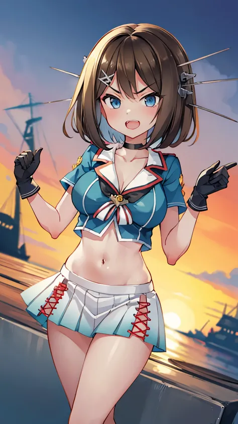 best quality, integrated scenery, integrated background, extremely delicate and beautiful, meticulous details, good composition, , cute face, perfect face, perfect hands,an anime style ,1young_teen_ girl, brown_hair, medium_bob_hair, blue_midriff_baring_s...