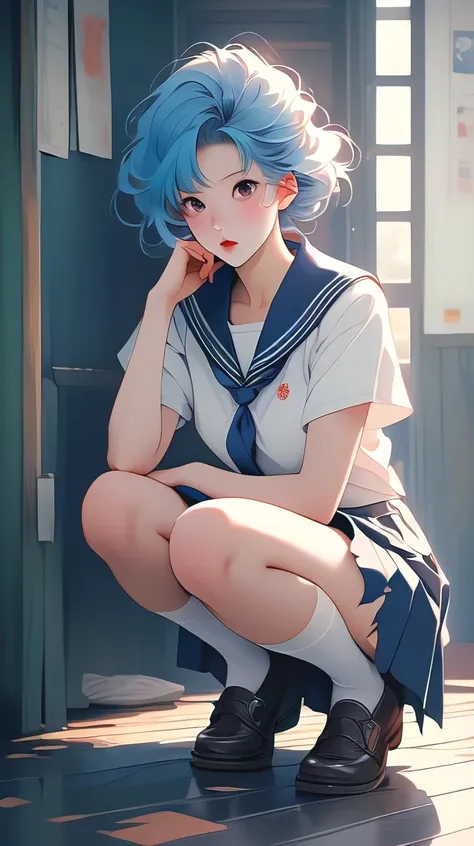 セクシー, yukata, Hair not tied up, indoor, Detailed eyes, ((Detailed cloth texture, Cute short-sleeved sailor uniform, Pleated skirt, Sailor collar, Sailor scarf, socks), Brown Loafers), (Short-sleeved sailor suit, Navy blue mini skirt), Beautiful legs, Very ...