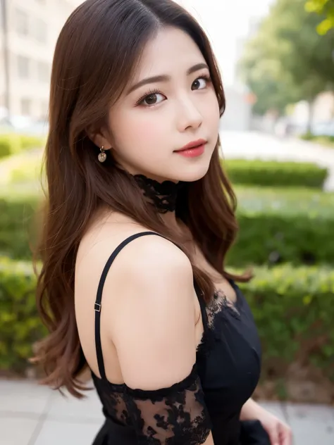 ulzzang-6500-v1.1, (RAW Photos:1.2), (Photorealistic), (Best Quality, masterpiece), Popular actress、One Girl, Pose, game_Tekker, dress、Dumpling hairstyle、Dumpling hairstyle、Classy makeup、エレガントなロングdress, Ultra-realistic skin texture、Shiny skin、振り向きながら誘うPose...