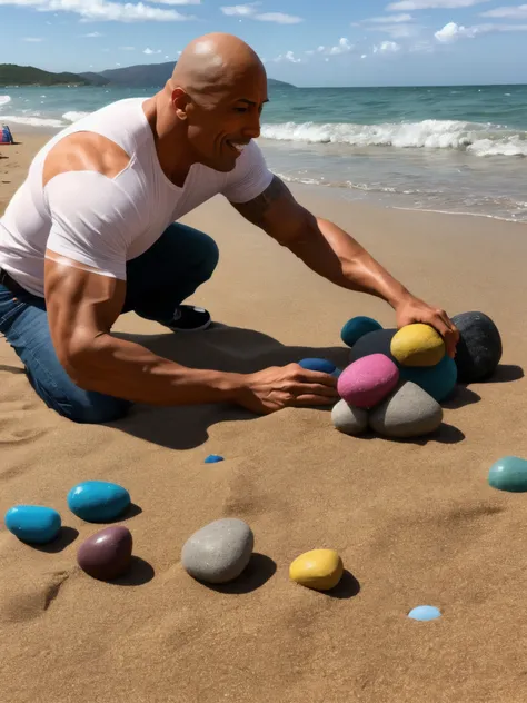 dwayne johnson the rock dressed up as a barbie playing with rocks on a beach