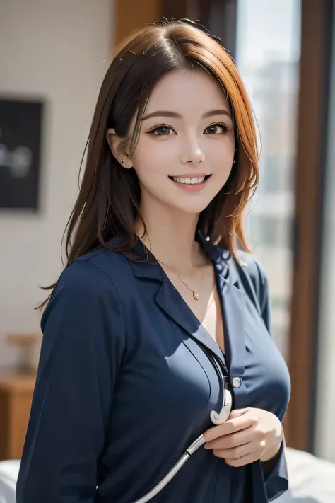 (HD Photos, masterpiece, Best Quality, Trending on Art Station), (One mature woman), Beautiful Face, double eyelid, Long eyelashes, Grin, Beautiful teeth alignment, (Long Red Hair), fine grain, ((Big Breasts)), Detailed skin, (Wearing a blue shirt), (Steth...