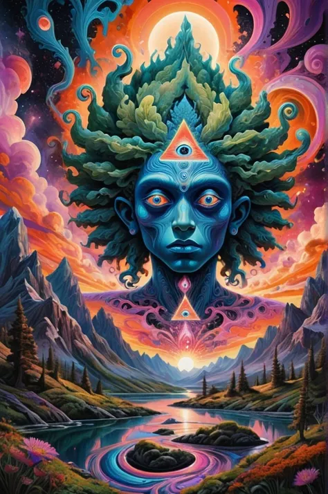 "illustrate a surreal and psychedelic scene with a giant blue-skinned person as the focal point, whose face has a large third ey...