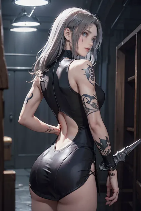 ((Pretty well defined abs)), ((((Gray Hair))),Detailed portrait of a female assassin in a dark fantasy setting, Has long, flowing hair in shades of black and purple, Tattoo on face, Sharp Blue eyes that emanate a sense of danger [Detailed eyes, Sharp Blue:...